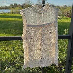 Creme Boho Embroidered Lace Knit Tunic Tank Top Cut Out Sleeveless Shirt Blouse